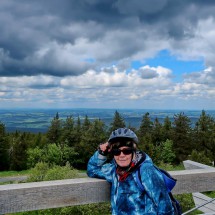 Marion on the watchtower of Schneeberg - snow mountain which is with 1051 meters sea-level the highest point of Fichtelgebirge and Frankonia